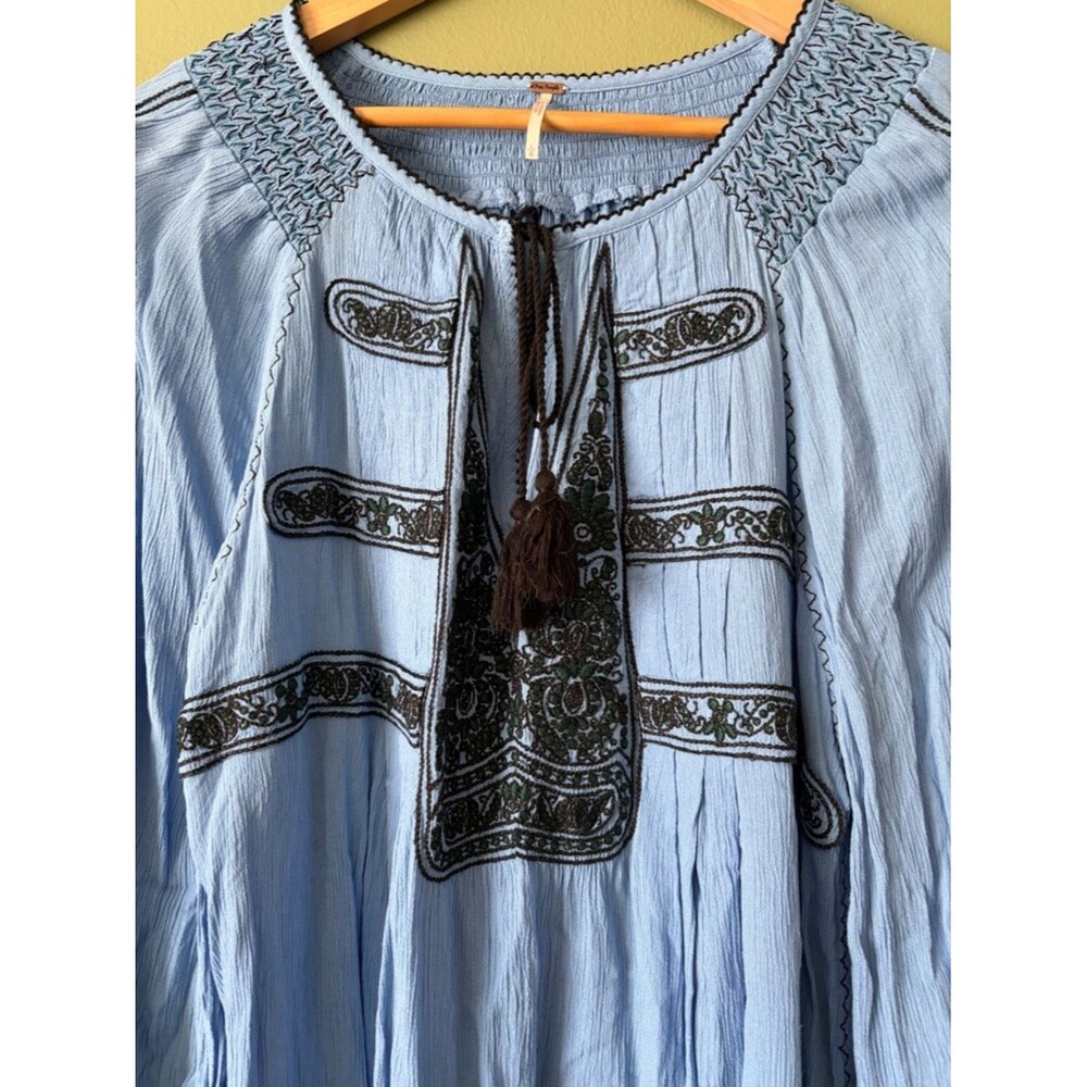 Free People Blue Gauzy Wind Willow Embroidered Boho Long Sleeve Mini Dress Sz L - Picture 4 of 6